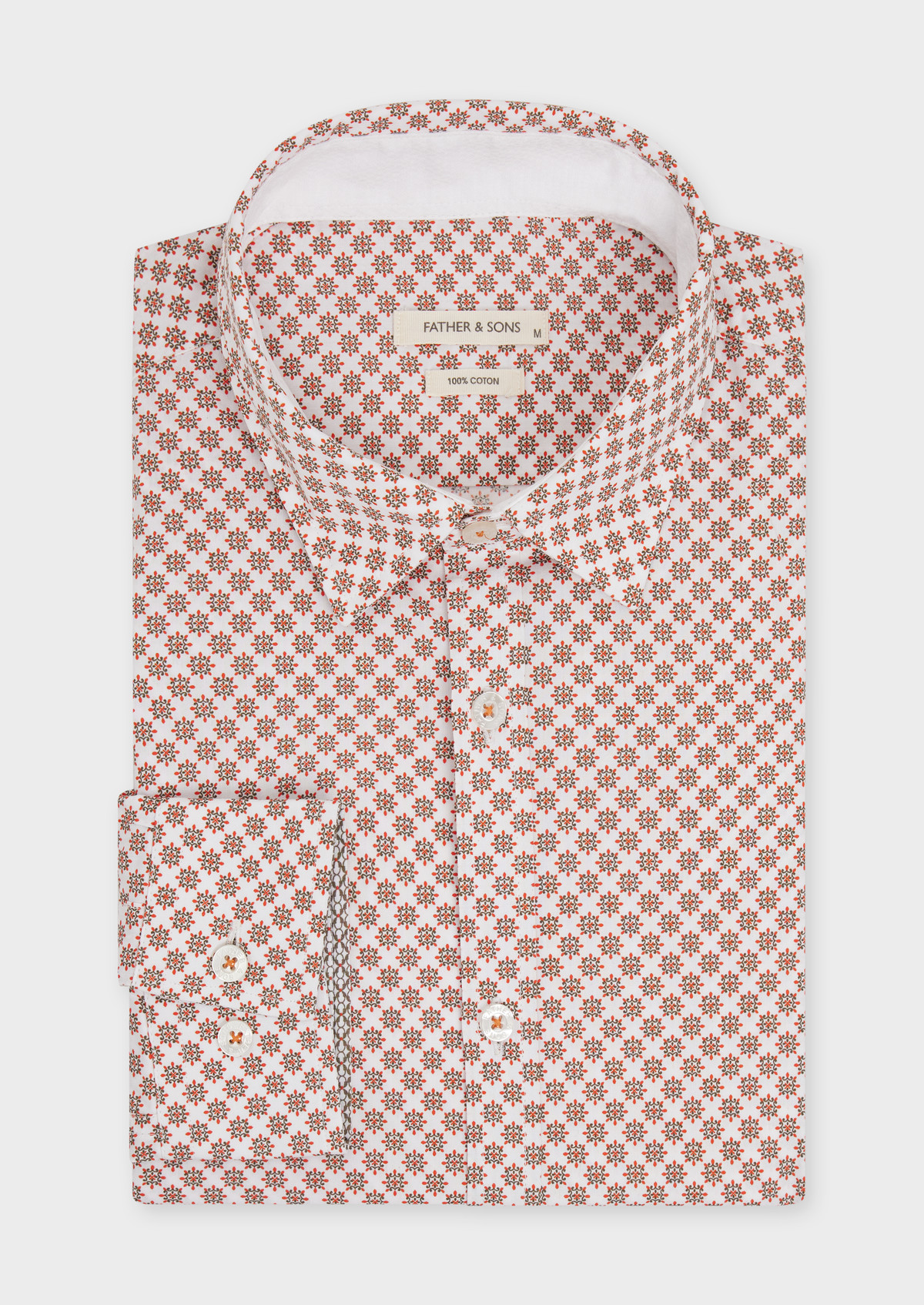 Chemise sport Slim en popeline de coton blanc à motif fantaisie kaki et rouge