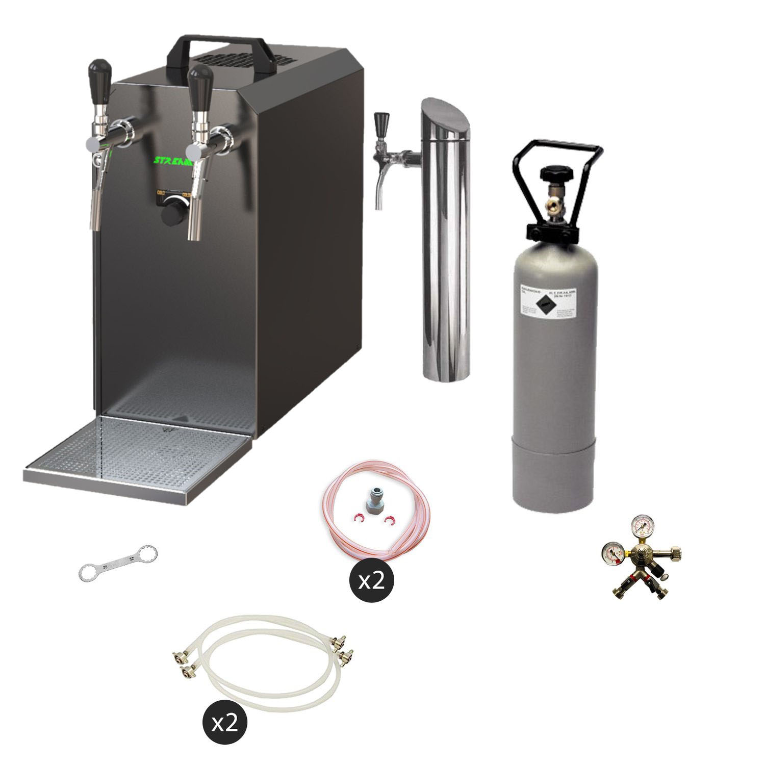 Untertheken Komplett Set - Zapfanlage, Bierzapfanlage STREAM 50 Bierkoffer, Durchlaufkühler 2-leitig Trockenkühler, bis zu 55 Liter/h - BLACK EDITION, Zapfkopf 2:5 Liter Adapter,Zapfkopf:NC Adapter