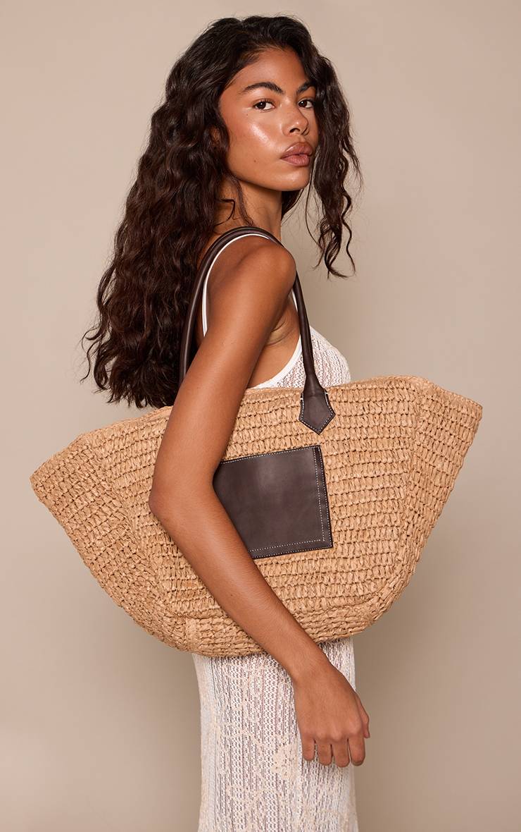 Naturel Sac De Plage En Raphia Avec Poche Détail