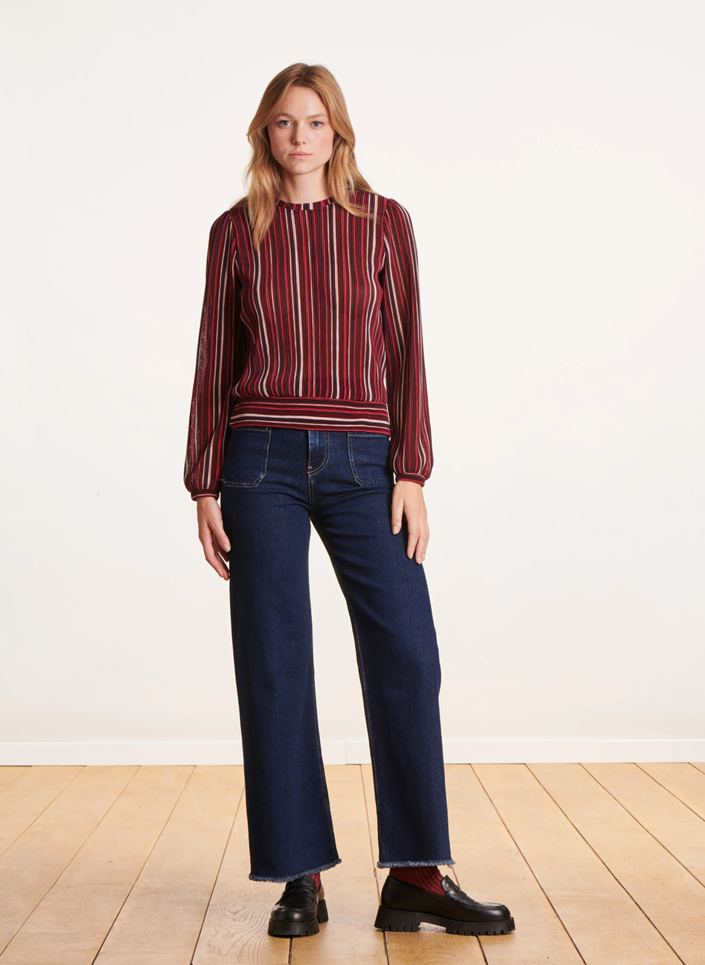 Jean droit taille haute en coton biologique mélangé | Bleu