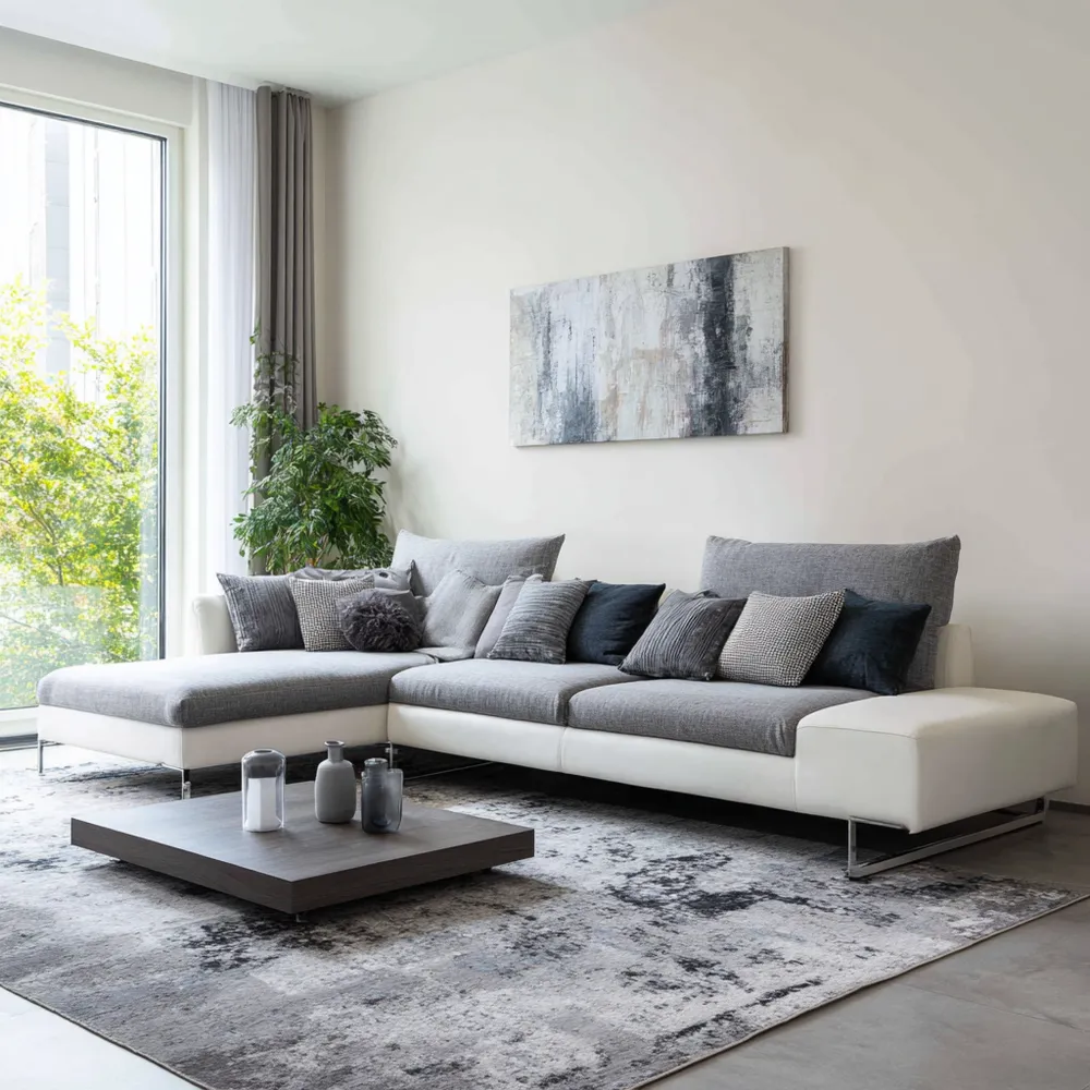 Ecksofa-Set Stoff Leder 300x200x85 cm – Hellgrau/Weiß – Modernes Desig
