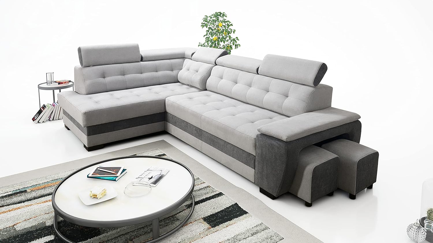 Robin Grand Ecksofa mit Schlaffunktion Bettkasten Kopfstützen Relaxfunktion 2 Hocker Sofa L-Form Schlafsofa Freistehende Eckcouch Schlafcouch Wohnzimmermöbel Wohnlandschaft Links Silver Anthracite