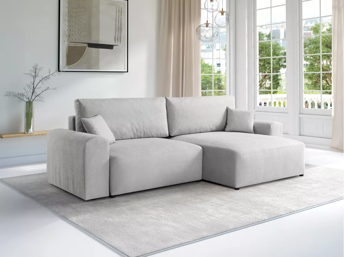 Canapé d'angle convertible et réversible en tissu gris clair ILANOR