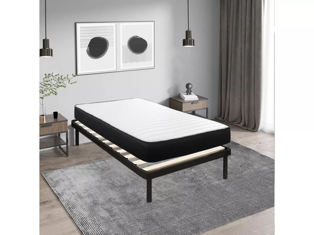 Lit Ensemble Matelas et Sommier 90x190 cm - Matelas 90x190x15cm Mousse - Sommier 90x190cm avec Pieds (Deux colis)