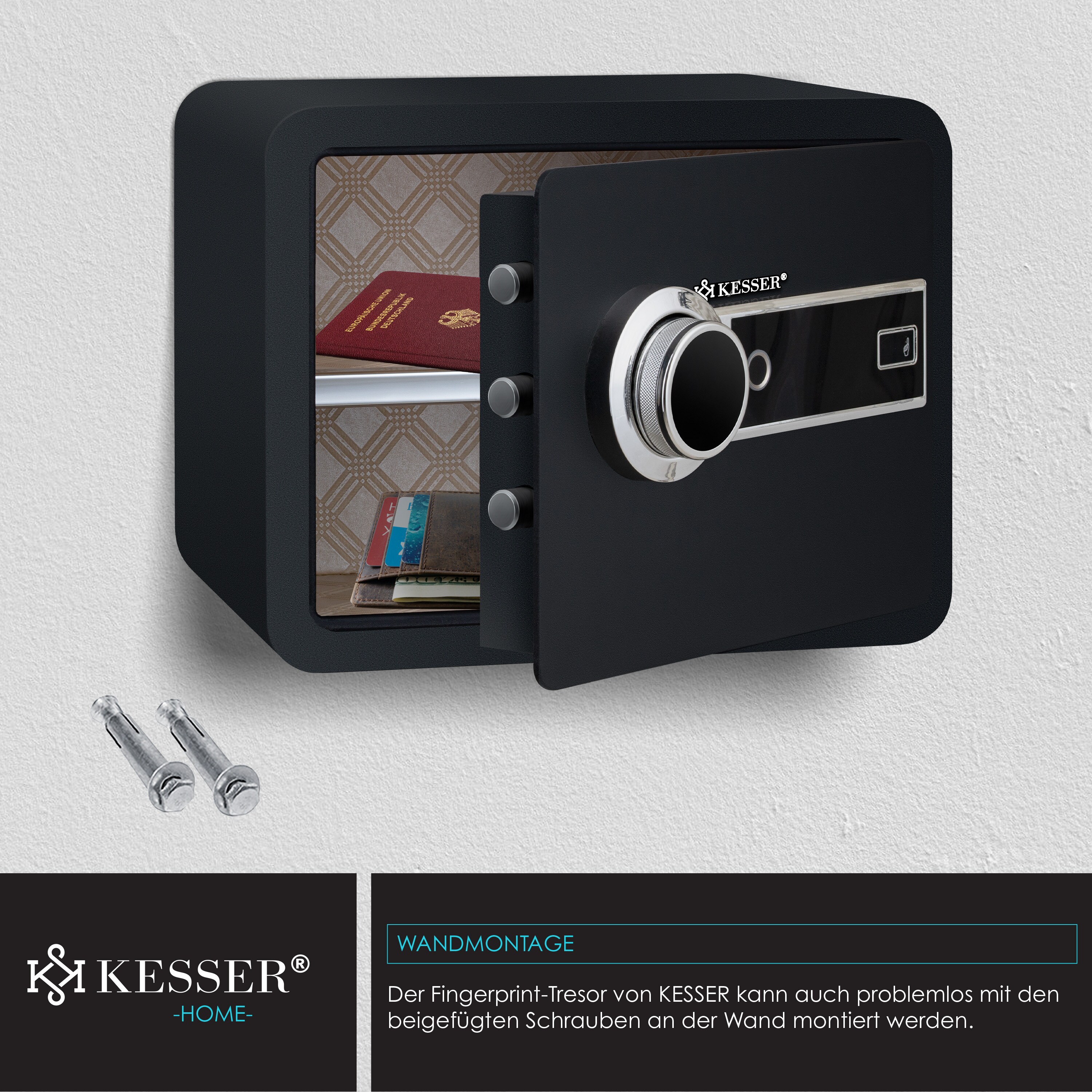 KESSER® Elektr. Tresor mit Fingerabdruck | Inkl. Batteriebox | Elektronischer Safe | 3x Doppelbolzenverriegelung | Boden Wandtresor | Möbeltresor | Beleuchtung | Panzerschrank Zahlenschloss