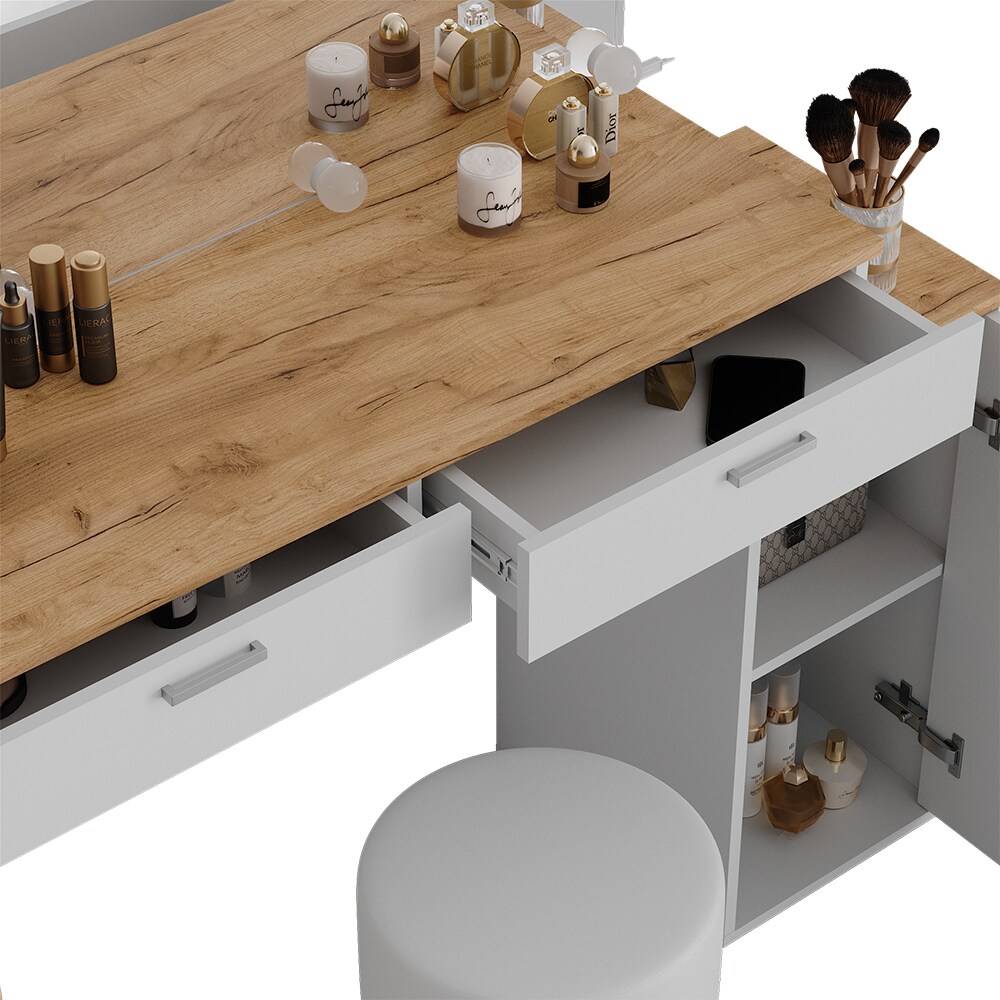 Vicco Schminktisch Regina Weiß Eiche 130 cm mit Beleuchtung und Hocker