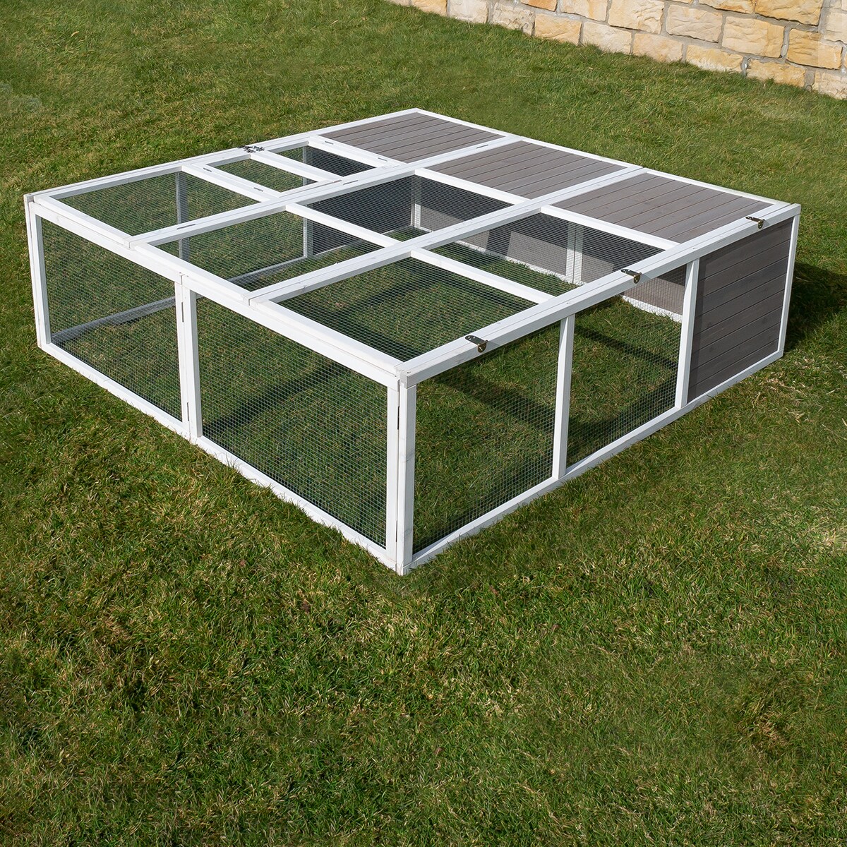 MyAnimal HasenstallMH-06 Freilaufgehege, Kaninchenstall XXL, mit Unterstand, Simple-Fold, Vollholz (Grau)