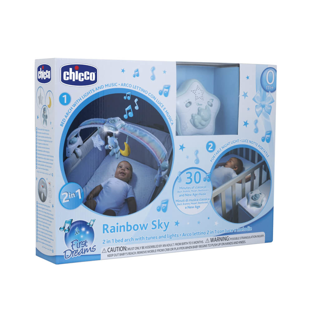 Chicco Regenbogen-Spielbogen für Kinderbett 2in1 mit Licht und Melodien Blau