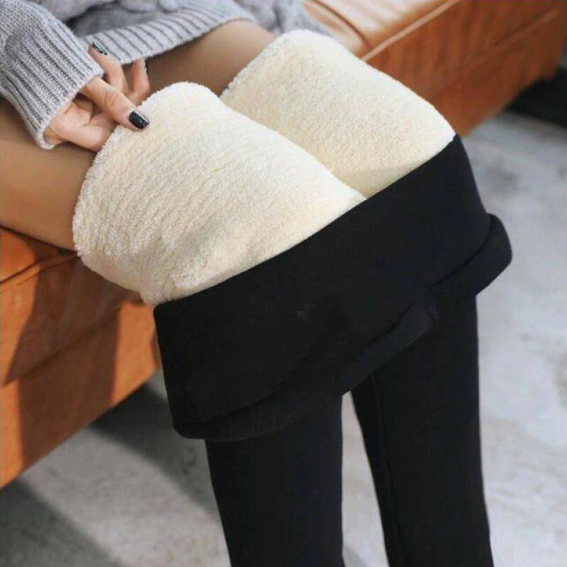 (Gr. S) Flauschige Winter Leggings Gefütterte Fell Hosen mit Innenfleece Extra Dick - Schwarz