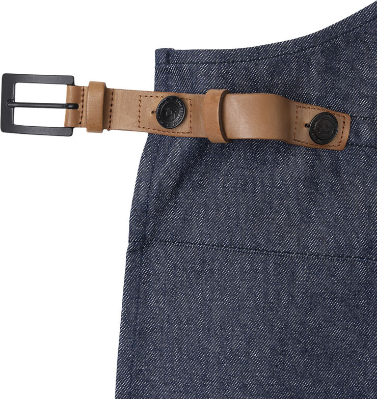 DutchDeluxes BBQ Style Apron, Denim Brut with leather straps in Cognac co Denim brut