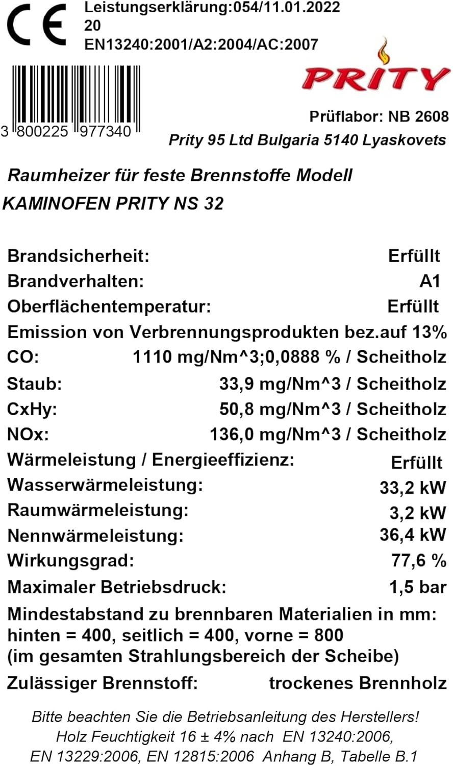 Prity Holzkessel NS32 - Holz Kamin - Freistehend - Klassisch - Entlüftungsfrei - Schwarz - Glas - 1,9 m² - 183 kg - 105,564 BTUs