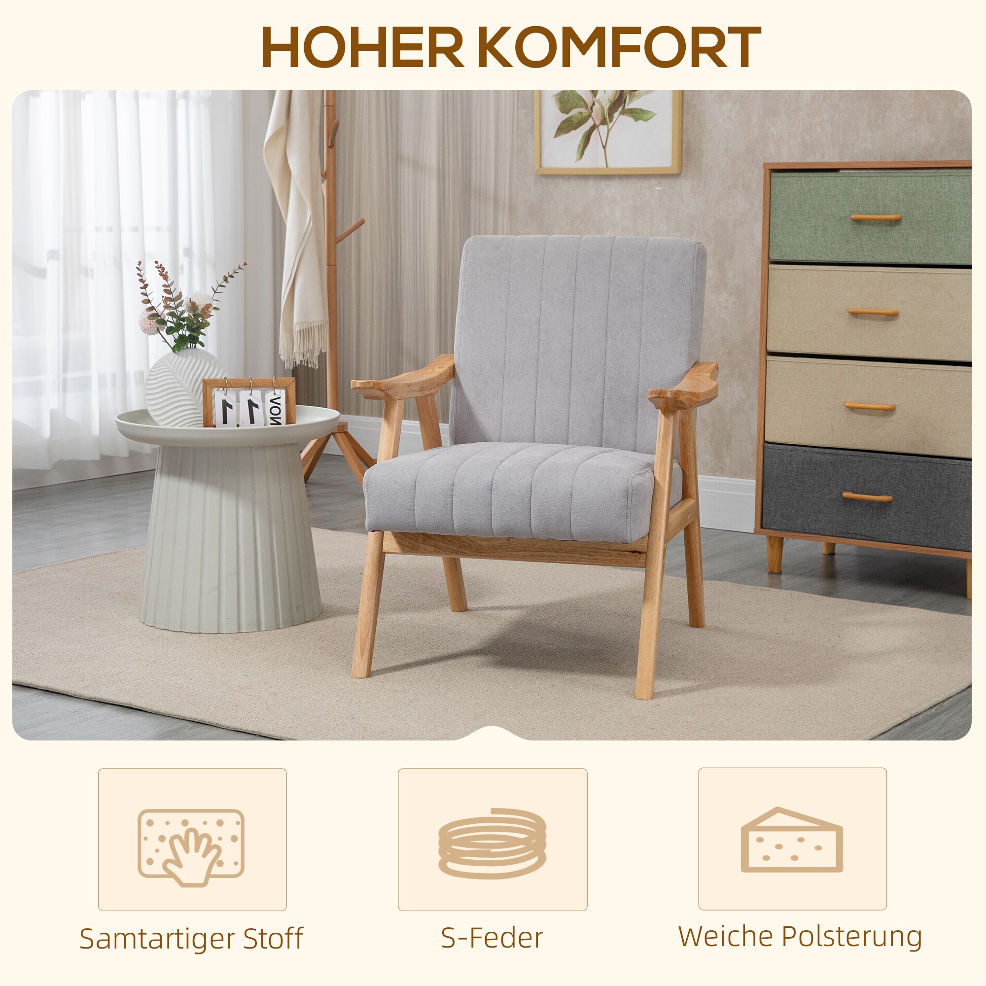 HOMCOM Polstersessel mit Armlehne grau 68L x 74B x 82H cm