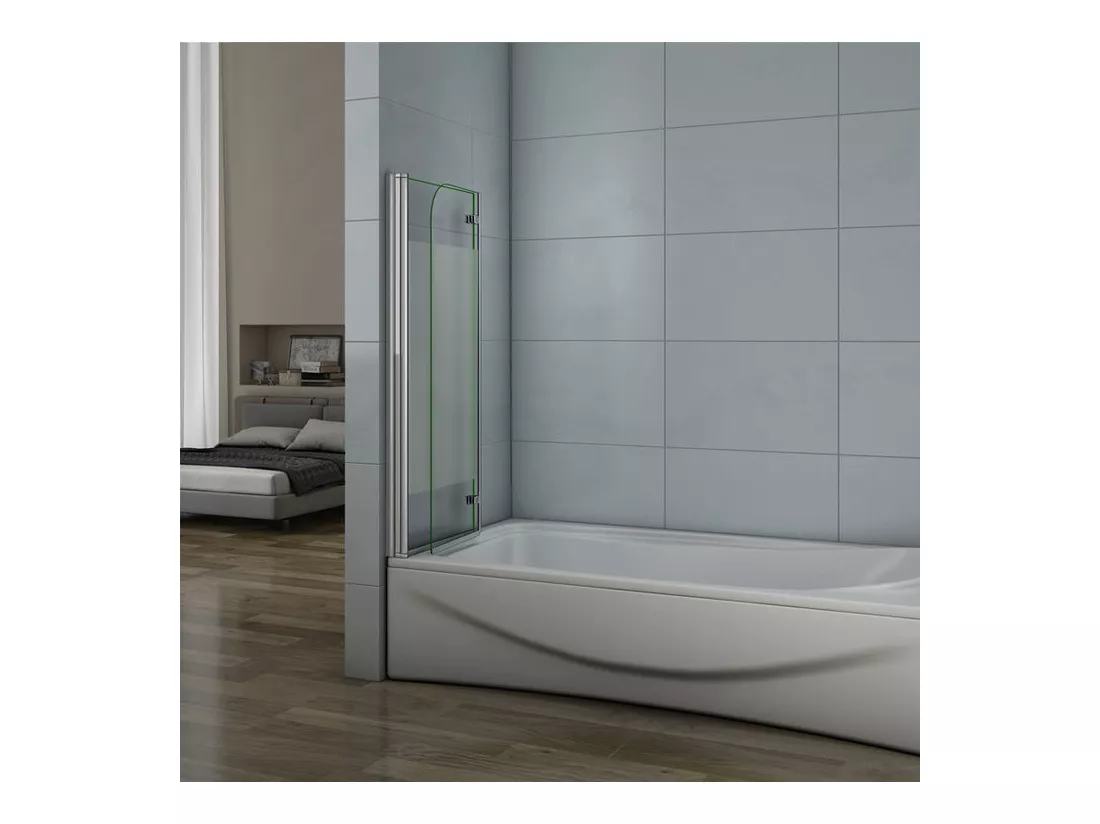Pare-baignoire 90x140cm pivotant et pliant, paroi de baignoire installé à gauche en verre anticalcaire et sablé au centre