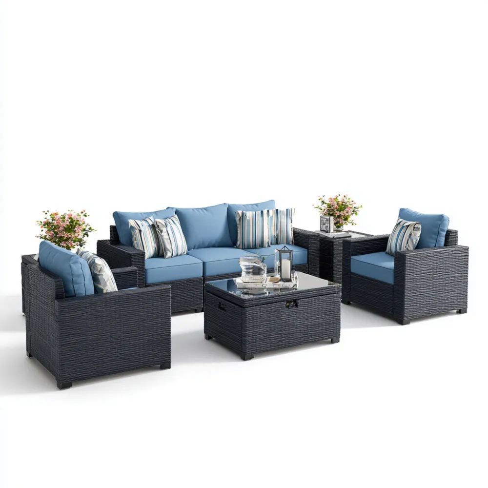 Rattan Garten-Sofaset 205x75x70 cm - Dunkelblau - Modernes Design