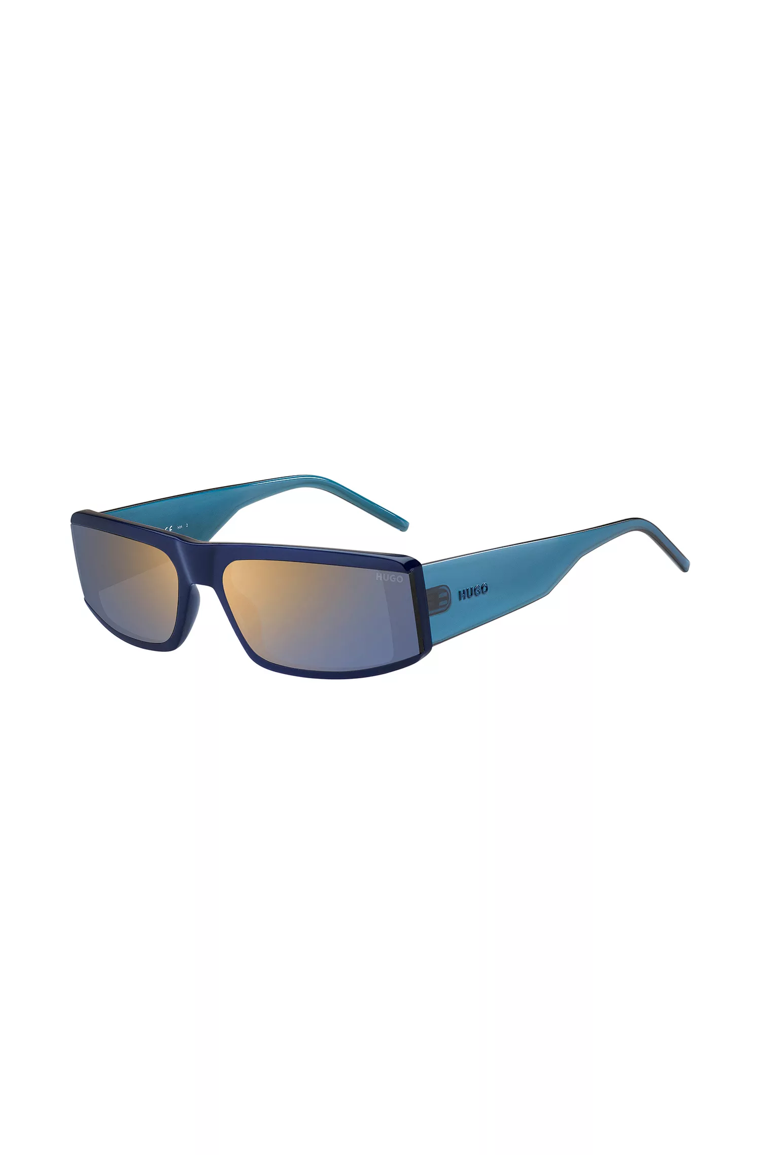 Óculos de sol HUGO estilo máscara em acetato vermelho e azul com logotipo na haste.