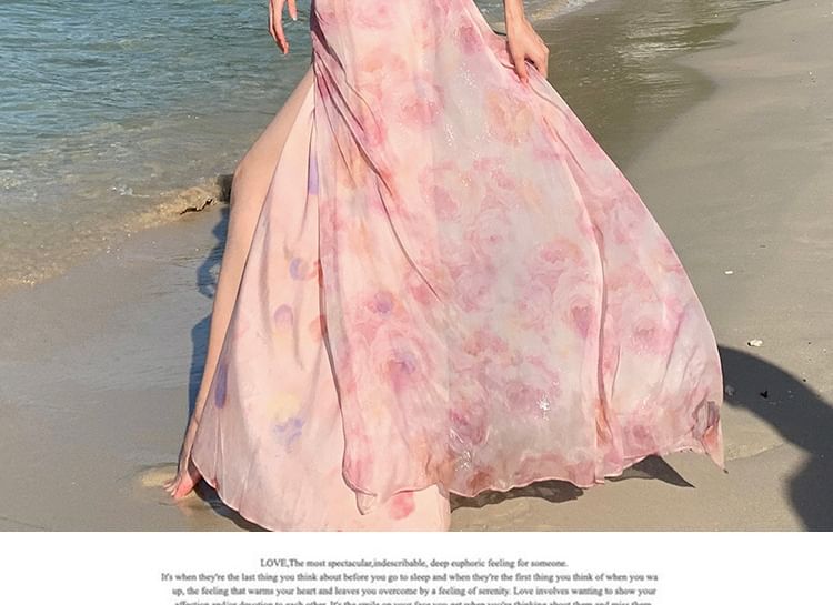 Moanum - Halter maxi-zonnejurk met bloemenprint en zijsplit
