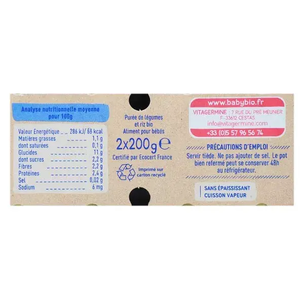 Babybio Refeição Noturna em Pot - Ervilhas, Milho e Arroz +6 meses - Orgânico - 2 x 200g