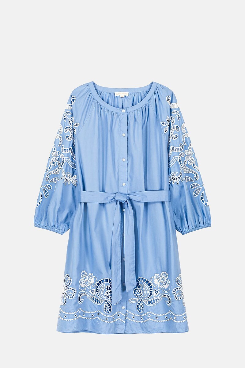 LOUISE MISHA<br>Vestido curto bordado, decote redondo, mangas 3/4, RINALA