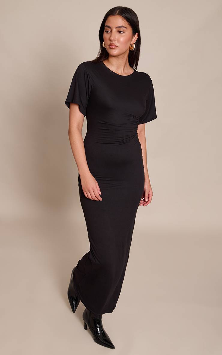 Noir Robe Maxi En Jersey À Manches Courtes Et Col Bateau