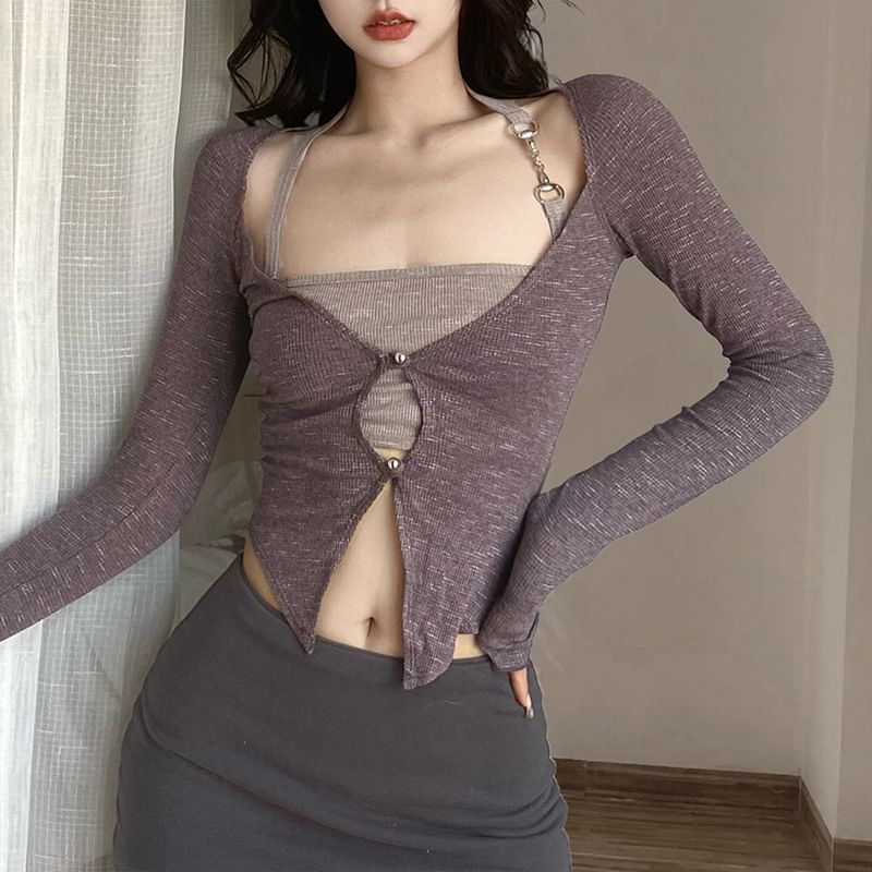 Sosana - Set: Balletcore lange mouwen crop top met gerimpelde rand + halternek crop top