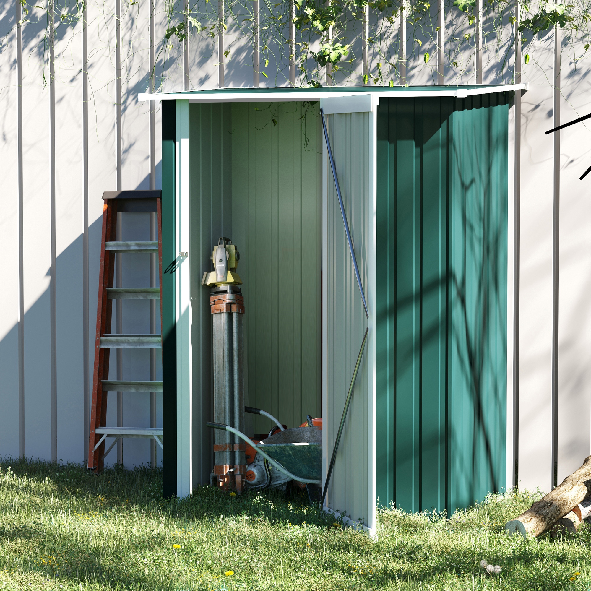 Casinha de metal Outsunny para exterior com porta com fechadura e orifícios de drenagem para armazenamento.