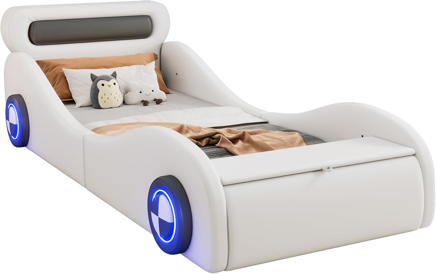 Kinderbett Autobett 90x200, Polsterbett Einzelbett Jugendbett mit leuchtenden Rädern&Stauraum, Aufregendes Auto Kinderbett für kleine Rennfahrer, Kinder Spielbett mit Lattenrost, PU,Ohne Matratze,Weiß