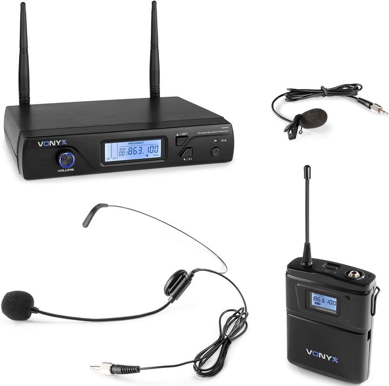 Draadloze microfoon - Vonyx WM61B draadloze headset microfoon - 16 kanaals - UHF - Headset / dasspeld