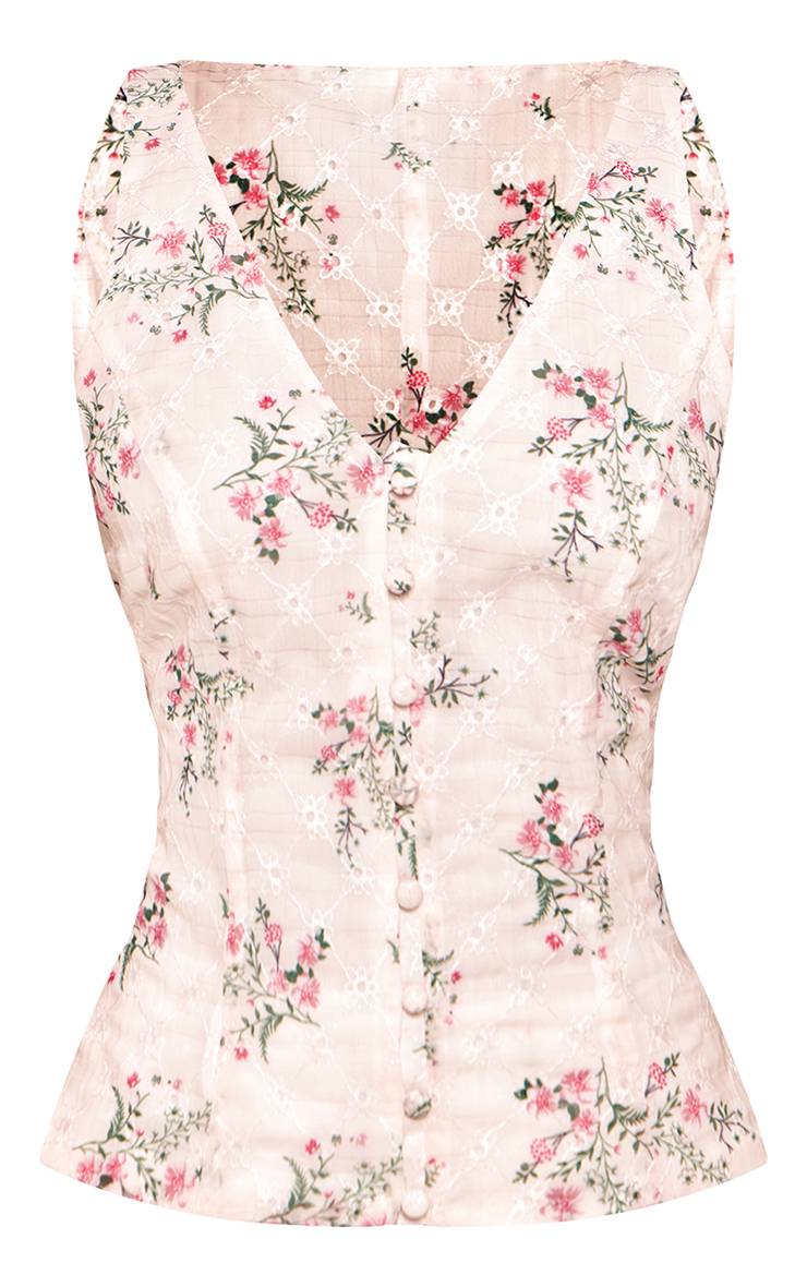 Blanc Top Court Ajusté Petite À Broderies Florales Et Boutonnage Devant Coordonné