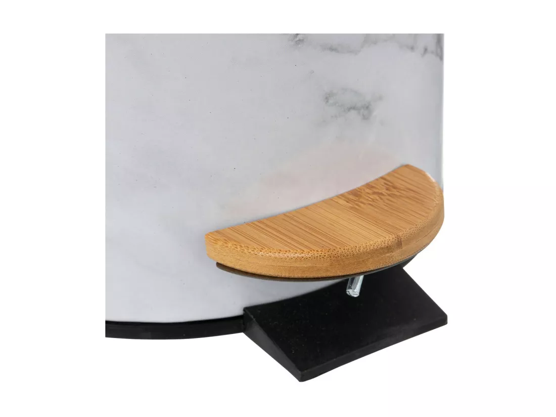 Poubelle en métal Blanc marbré et couvercle en bambou 3 L