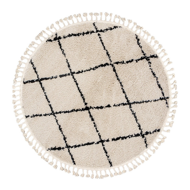 Rond hoogpolig vloerkleed - Grand Lines Weave Creme/Zwart