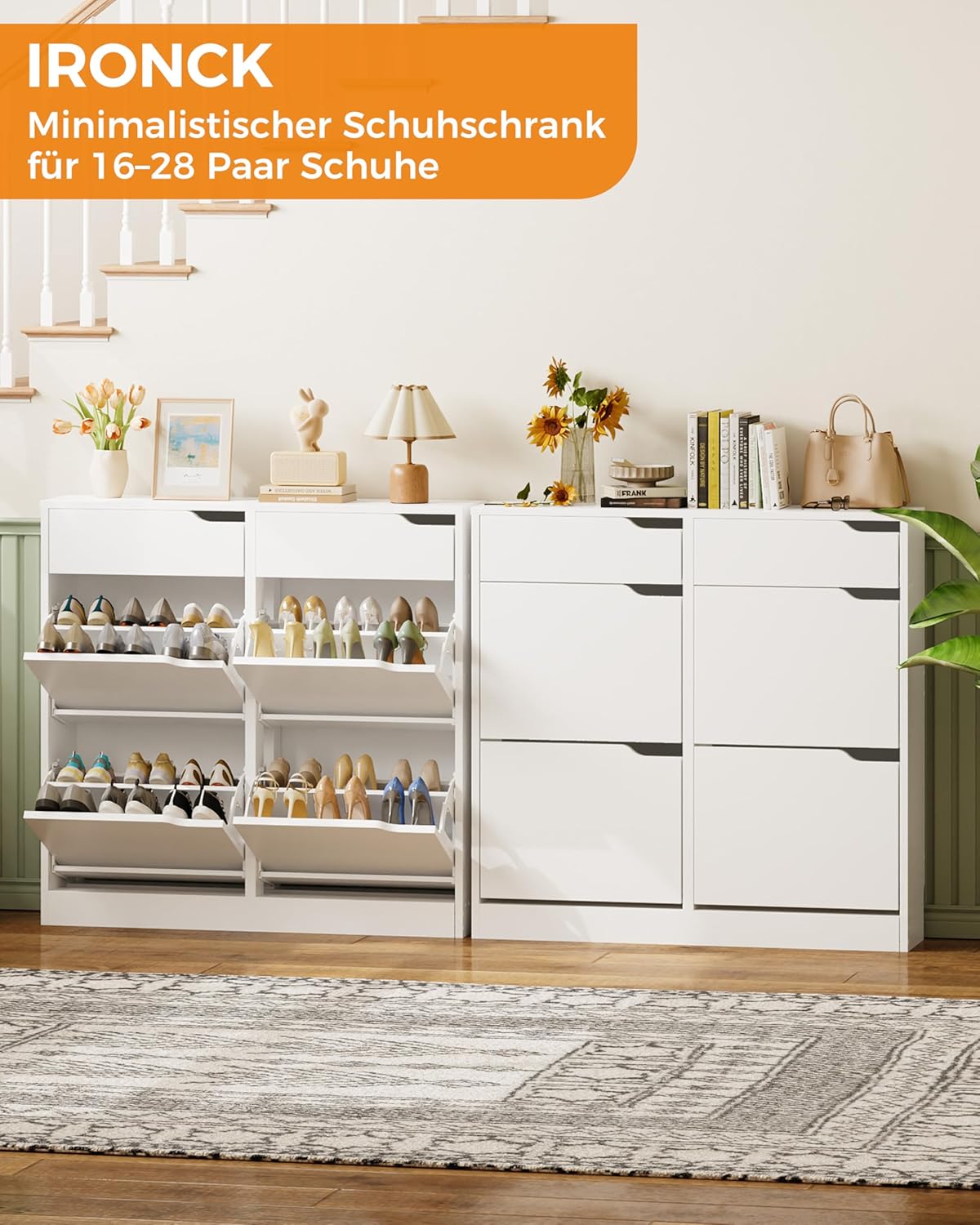 IRONCK Schuhschrank mit 4 Klappen, Schuhkipper Schmal mit 2 Schubladen, freistehendes Schuhregal, Schuhkommode mit verstellbaren Trennwände, Schuhablage Schrank für Flur Eingang und Wohnzimmer (Weiß)