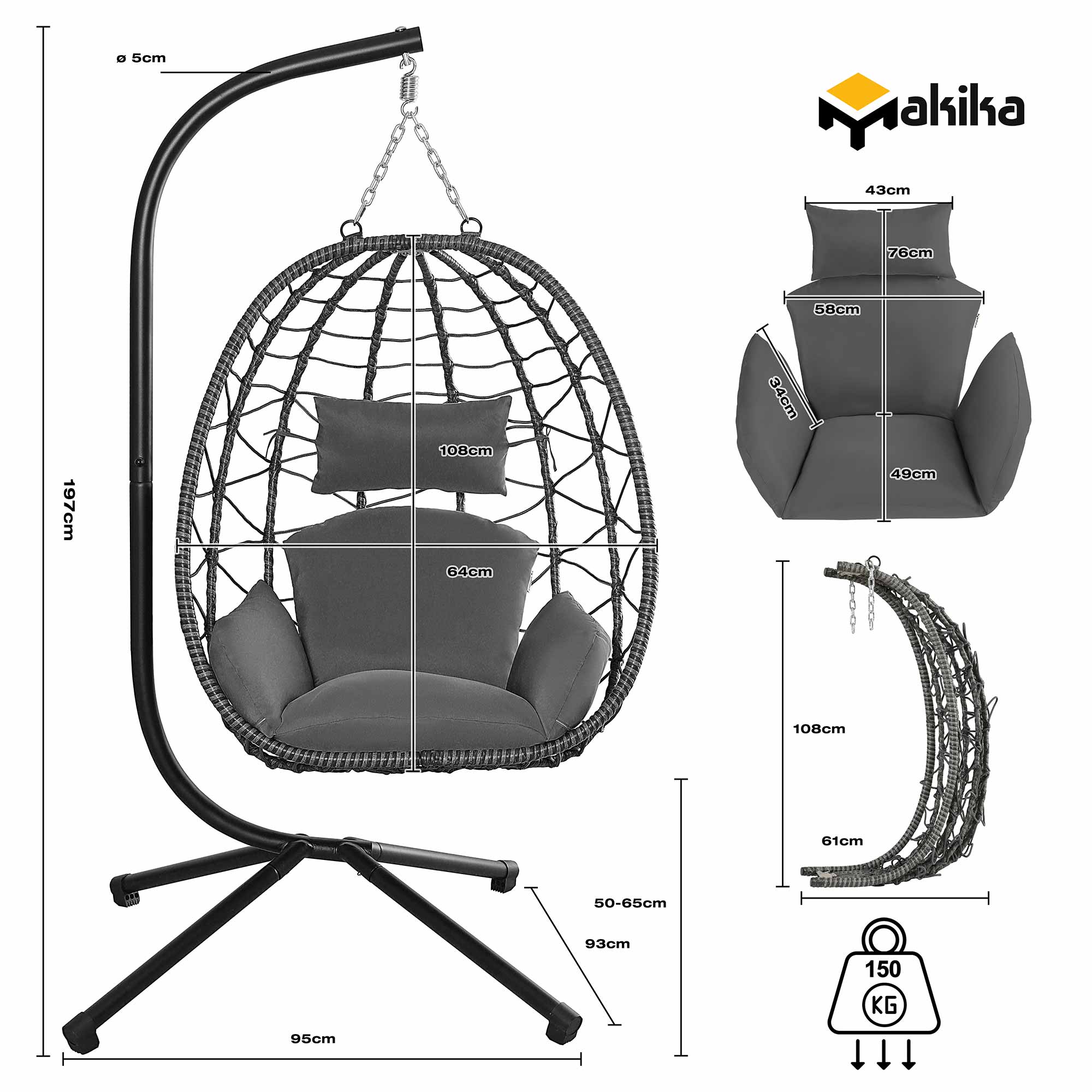 Makika Hängesessel mit Gestell höhenverstellbar aus Polyrattan in Grau