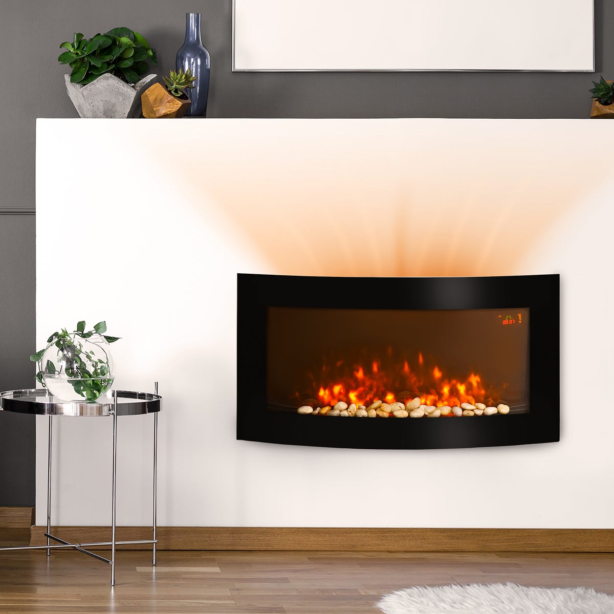HOMCOM elektrische haard, 89,2 x 13,5 x 48 cm, metaal, veiligheidsglas, zwart
