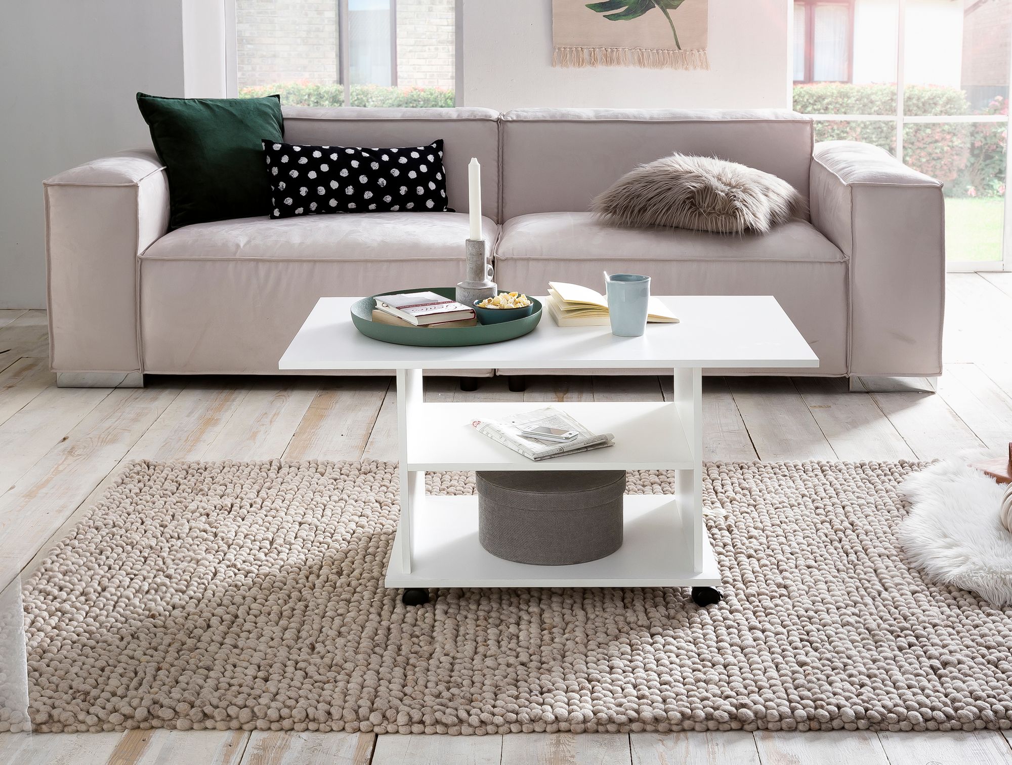KADIMA DESIGN Couchtisch SEGRE: Stilvoll, 2 Ablageflächen, Rollen, Melaminharzbeschichtung, 95x51x54,5 cm, Weiß/Sonoma.