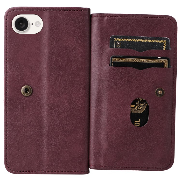 iPhone 16e Leder Tasche Flip Cover Kartenfächer mit Druckknopfverschluss - Weinrot