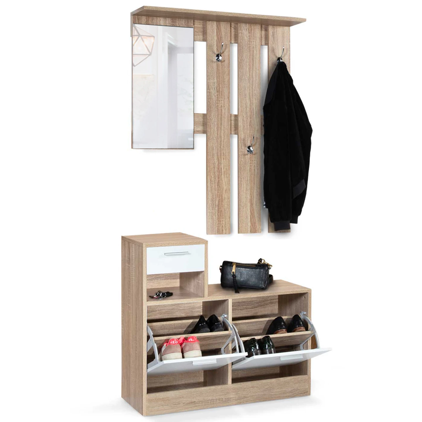 Vestiaire d'entrée avec miroir PAULIN design hêtre portes blanches