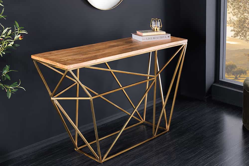 Abstrakter Konsolentisch DIAMOND 120cm natur messing Mangoholz Metallgestell