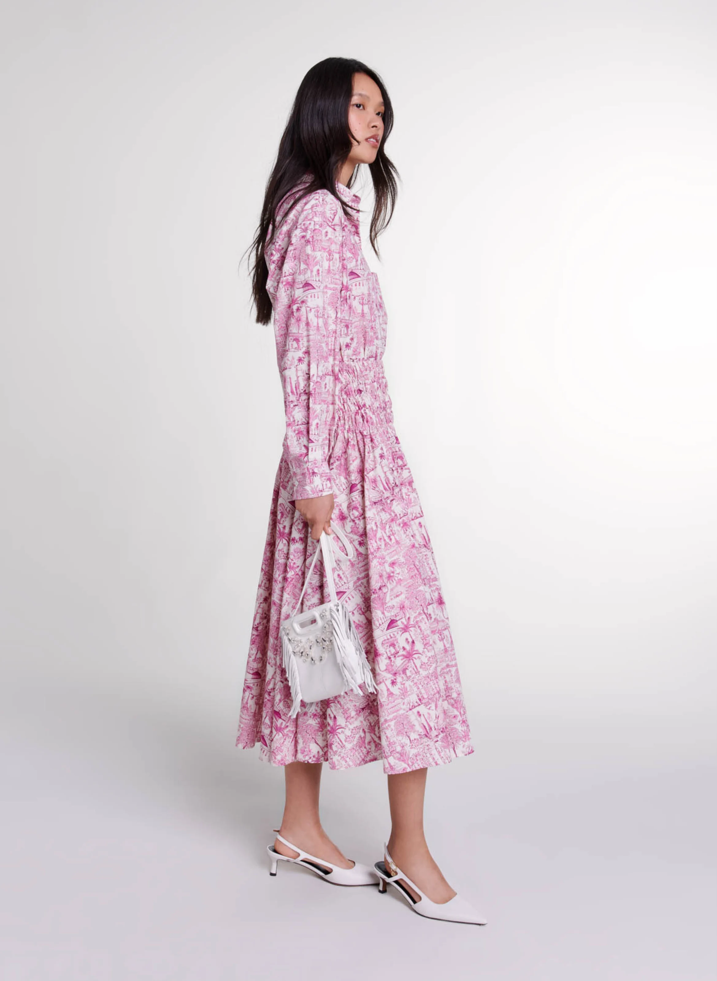 Jupe midi taille haute imprimée en coton | Rose