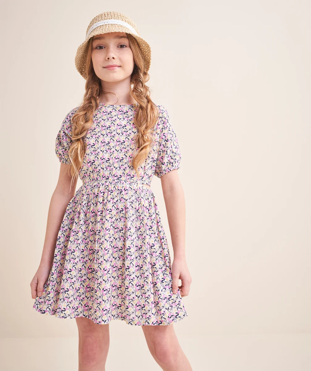 ROBE MANCHES COURTES FILLE EN COTON IMPRIMÉ FLEURI AVEC OUVERTURES