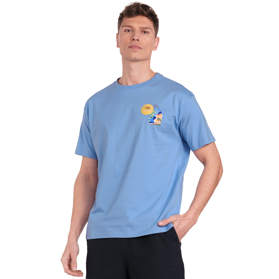 Jonas Nielsen Herren T-Shirt mit Prints und Aufnäher hellblau
