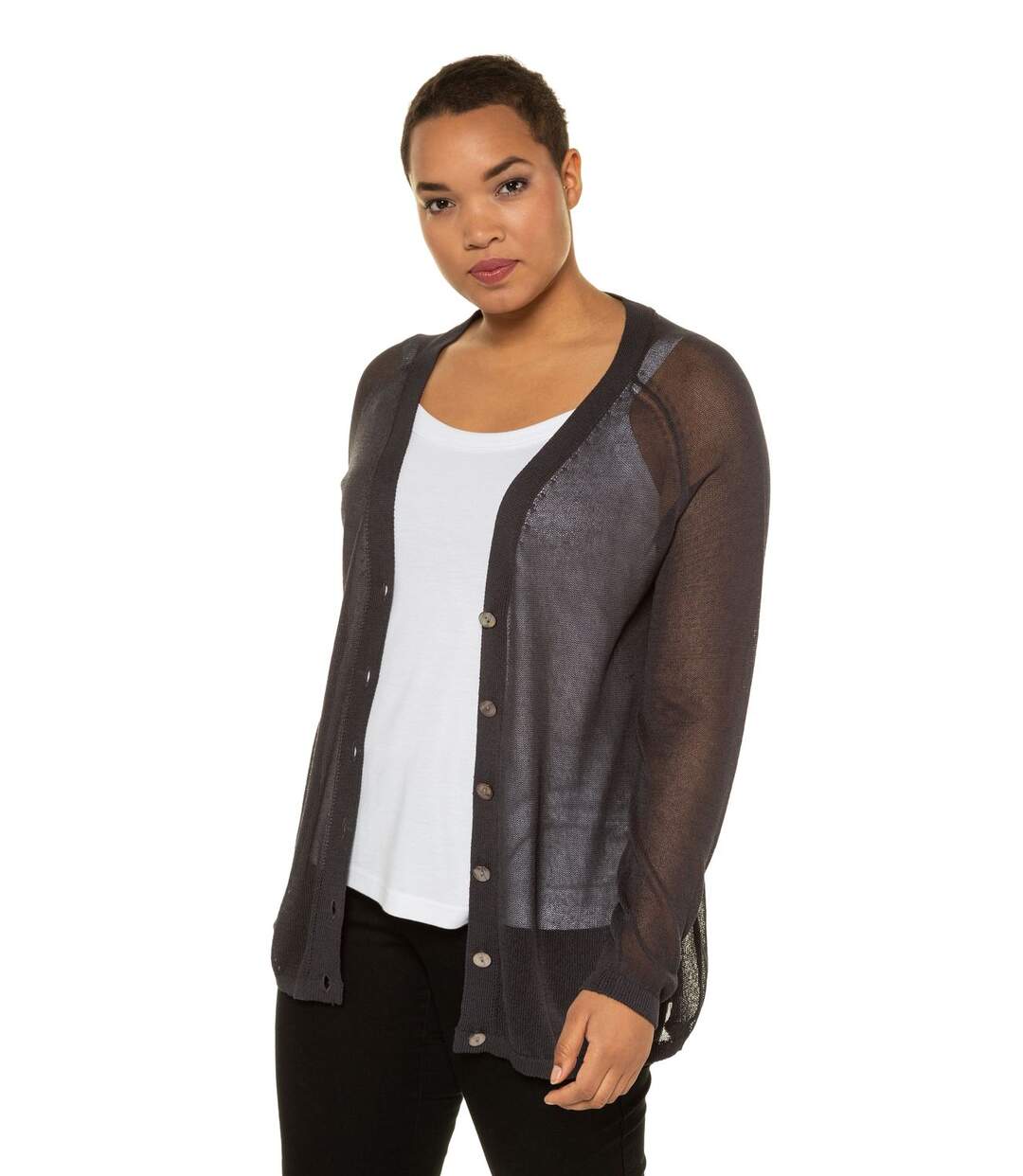 ULLA POPKEN Cardigan en maille fine transparente col V anthracite foncé