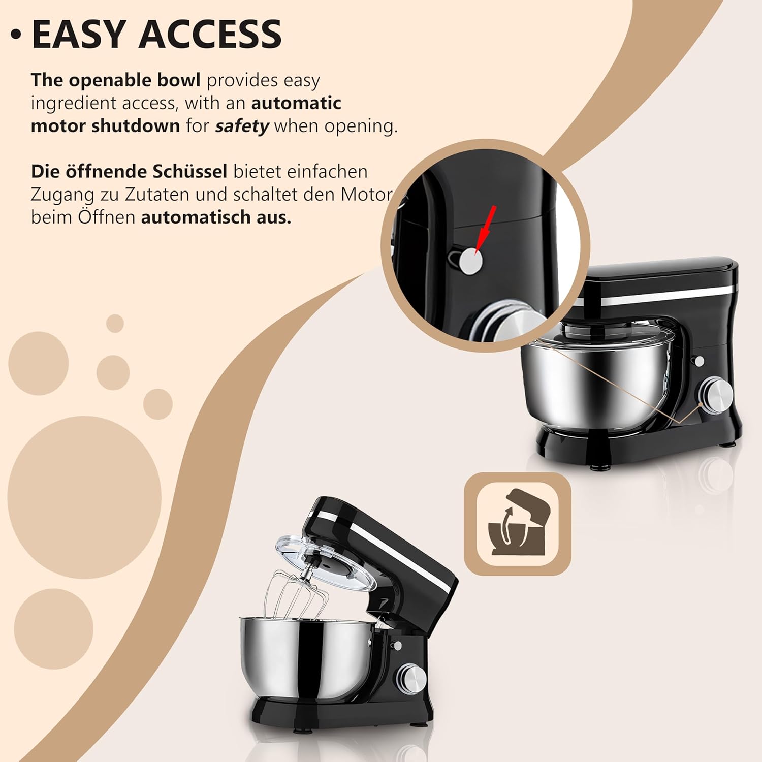 Retoo Küchenmaschine 3 in 1 1500W Large Stainless Steel Bowl 6L Meat Grinder Kneading Machine Multifunctional 6 speed settings 3 Mixing Tools Includes Splash Guard Lid Dough Hook and Whisk Versatile