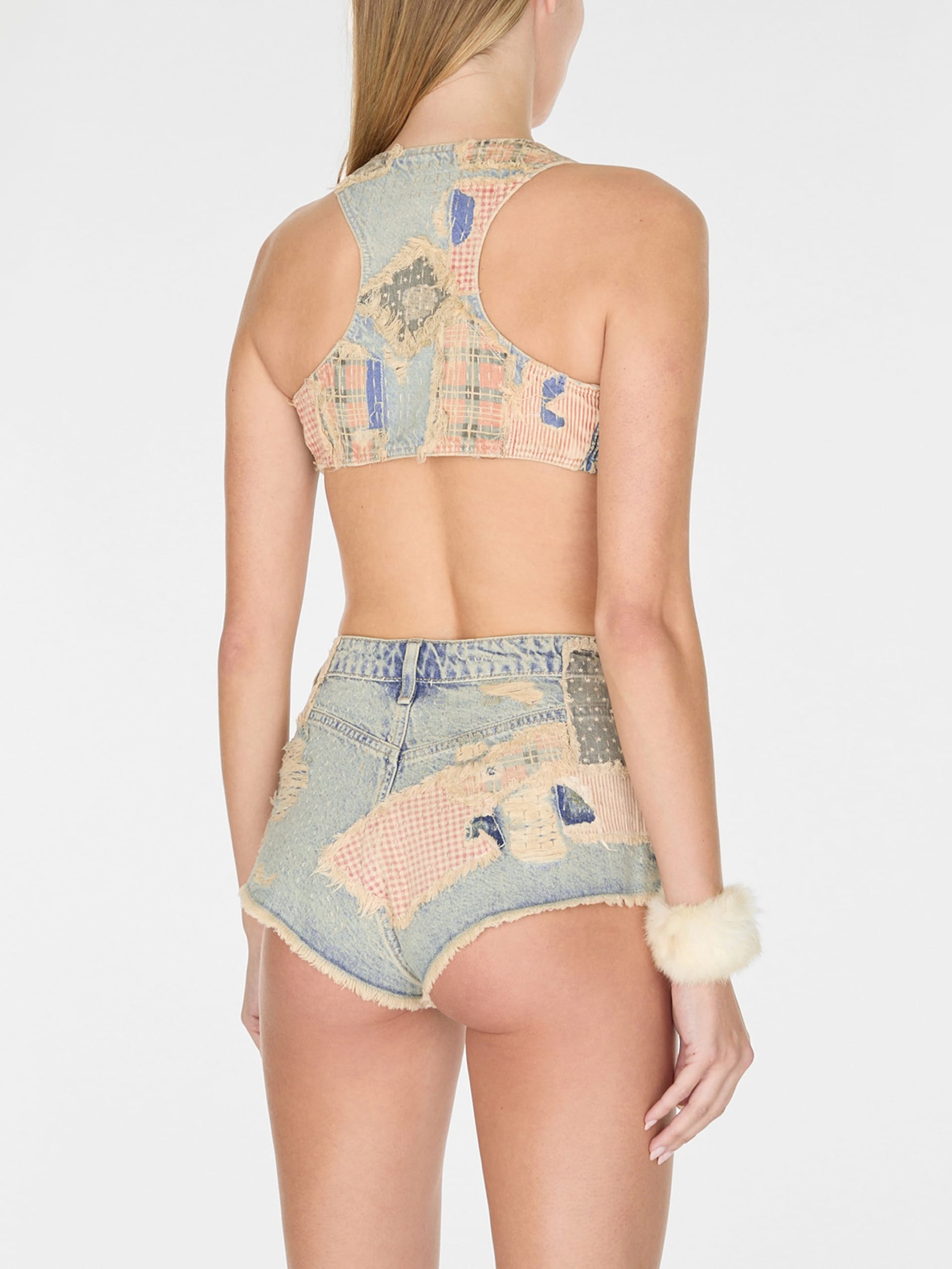Top vintage de patchwork em jeans