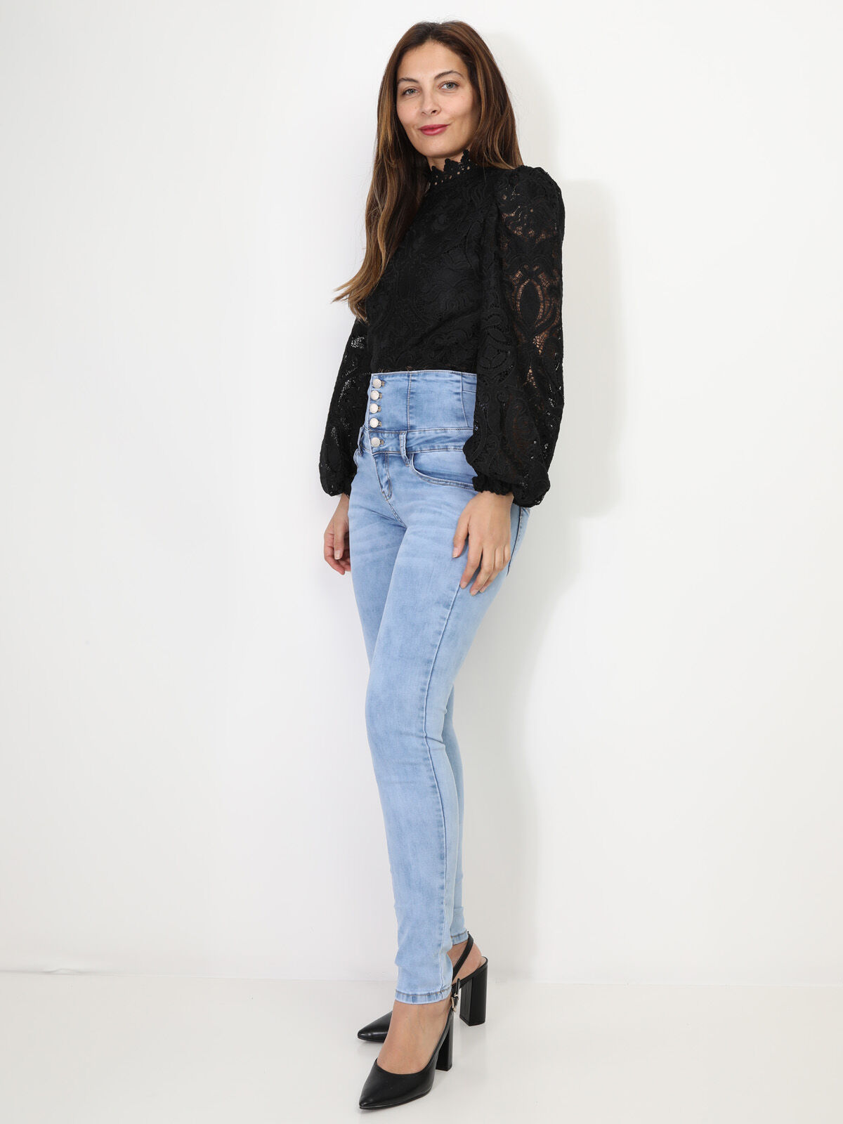 Jeans slim taille très haute- Bleu clair