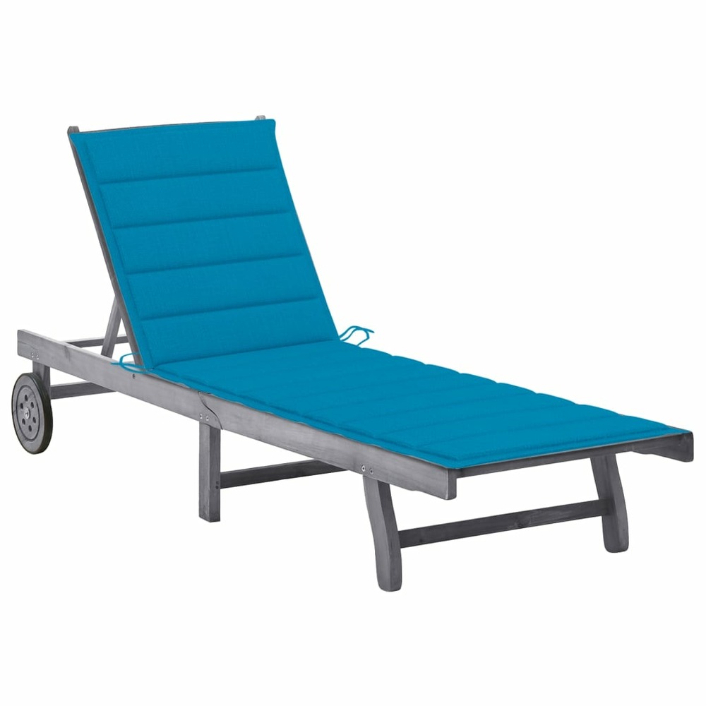 Transat chaise longue bain de soleil lit de jardin terrasse meuble d'extérieur avec coussin gris bois d'acacia solide 02_0012
