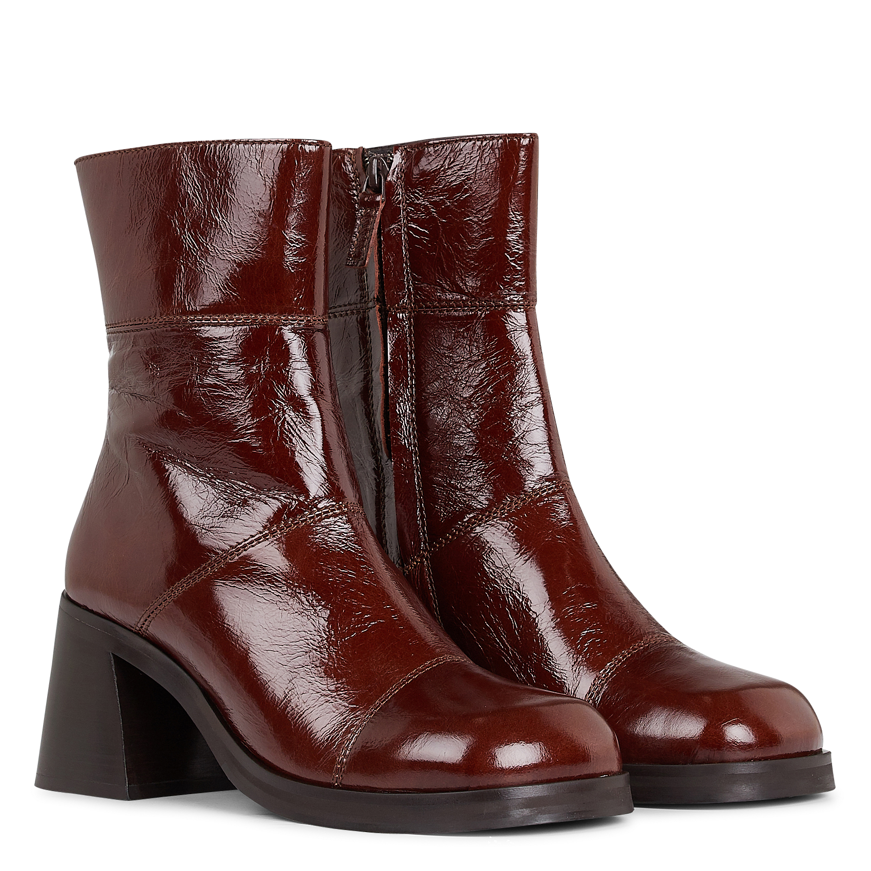 Bottines à talons en cuir verni| Marron
