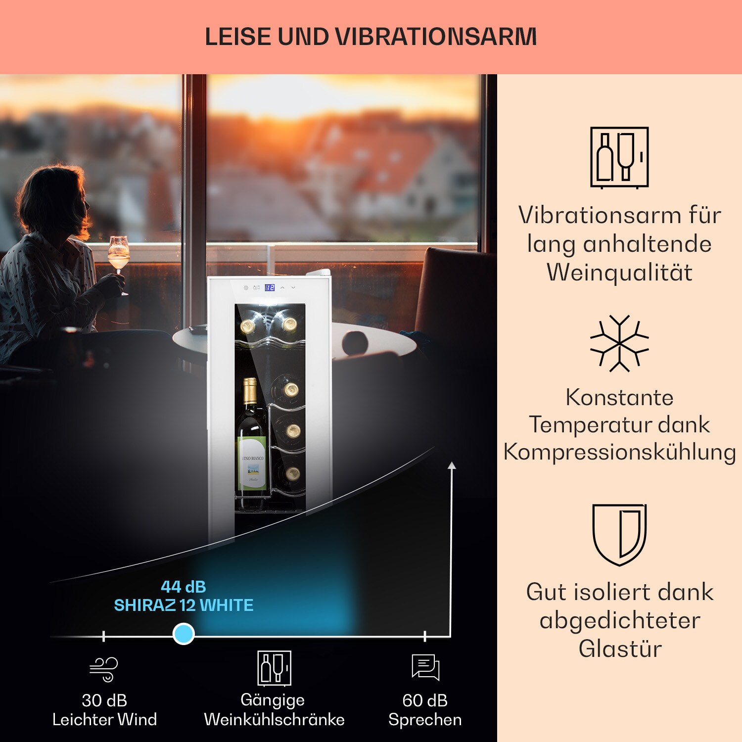 Shiraz 12 Slim Uno Weinkühlschrank 32l/12Fl.Touch 85 W 5-18 °C LED Weiß 32 Liter / 12 Flaschen
