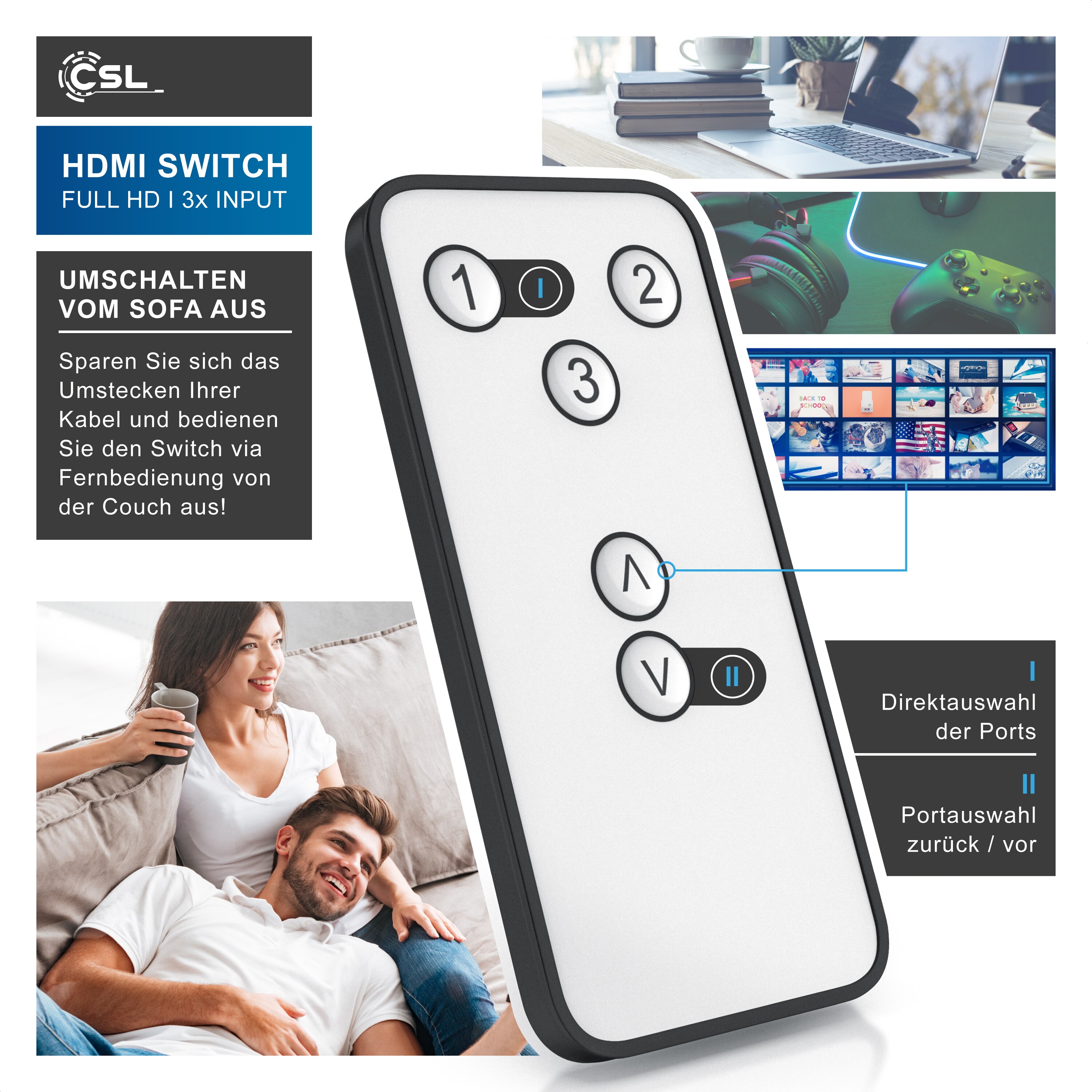 CSL HDMI Switch Verteiler 3 in 1 Out, Automatische Umschaltung 3 Port TrueHD, DTS-HD, LPCM 7.1, 5.1, DSD, Dolby-AC3 - mit Verstärker
