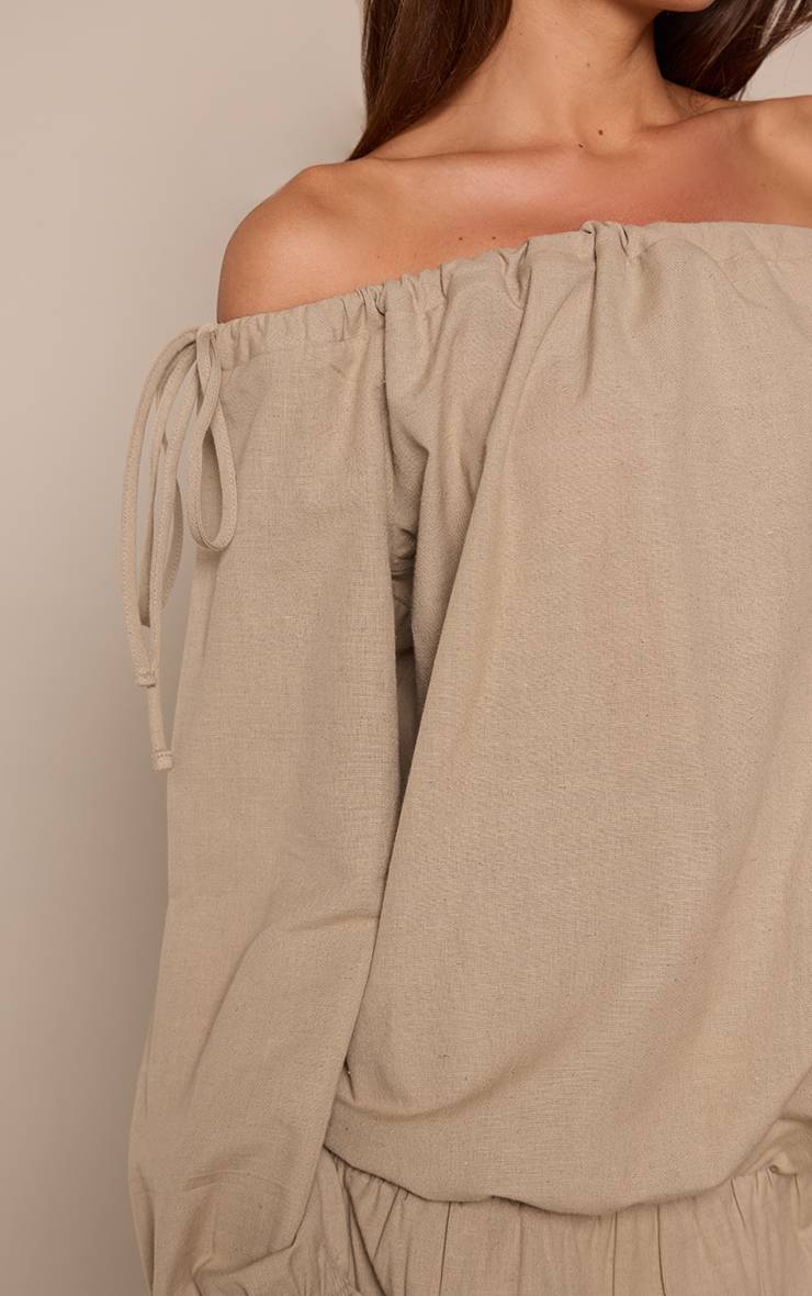 Kaki Robe Droite À Épaules Dénudées Effet Lin Avec Volant À L'ourlet