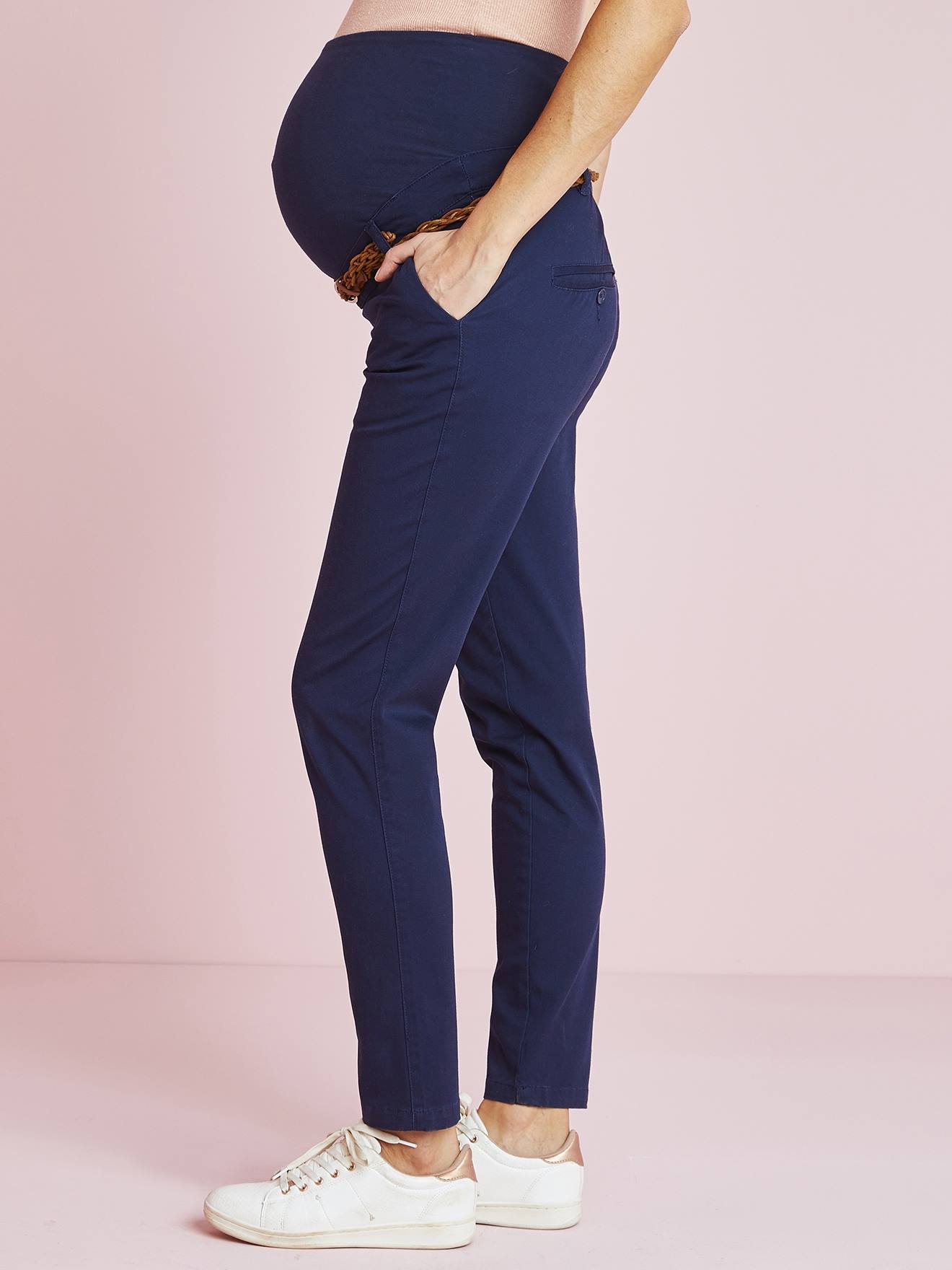 Calça chino para gestante, comprimento da perna 82 cm, azul escuro liso com estampas.